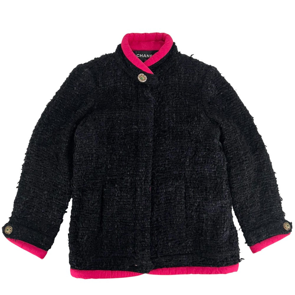 【開店SALE】 CHANEL シャネル ノーカラージャケット スタンドカラー グリポアボタン アパレル アウター 服 ヴィンテージ ジップジャケット 40 ブラック 黒 ピンク ゴールド金具 秋 冬 シルク レディース【中古品】