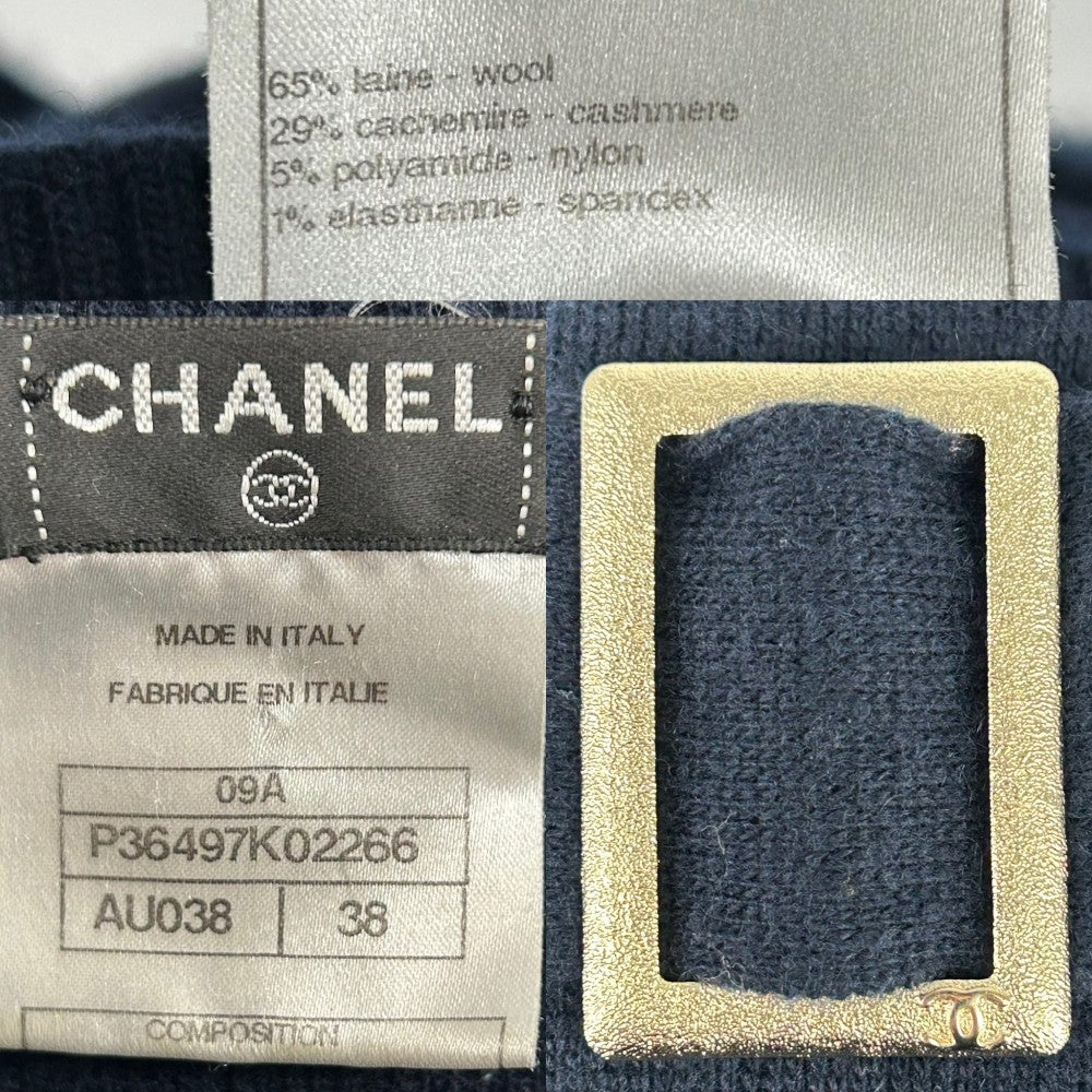 CHANEL シャネル ワンピース ベルト付き 長袖 ニットワンピース アパレル 服 38 ネイビー 紺 ゴールド金具 秋 冬 ウール カシミヤ ナイロン スパンデックス レディース 2009年【中古品】