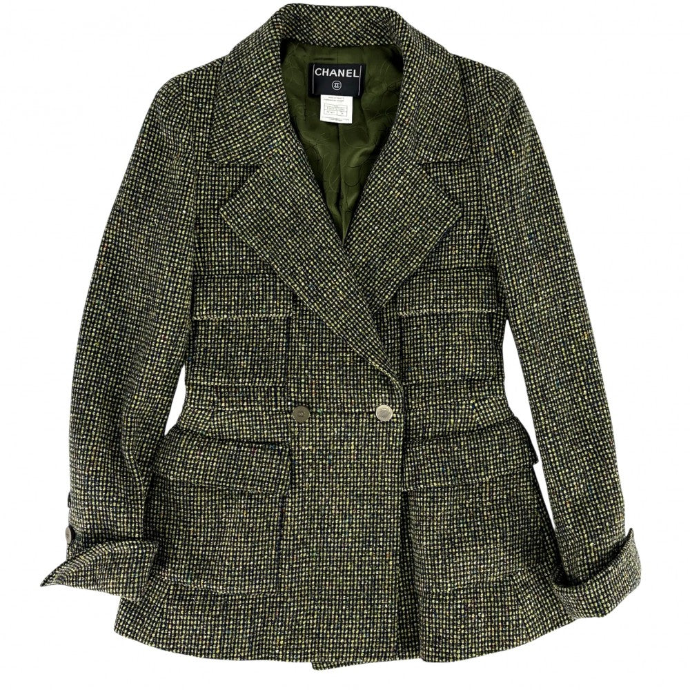CHANEL シャネル アウター ツイード ジャケット アパレル 服 38 グリーン 緑 ゴールド金具 秋 冬 ウール シルク レディース【中古品】