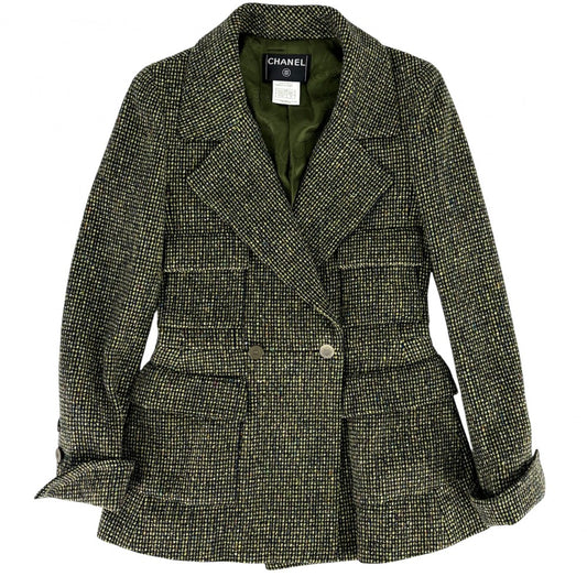 CHANEL シャネル アウター ツイード ジャケット アパレル 服 38 グリーン 緑 ゴールド金具 秋 冬 ウール シルク レディース【中古品】