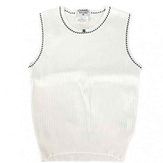 【開店SALE】 CHANEL シャネル タンクトップ ココマーク ノースリーブ アパレル 服 ニット 38 P06660W03008 ホワイト 白 ブラック 黒 夏 コットン レディース【中古品】
