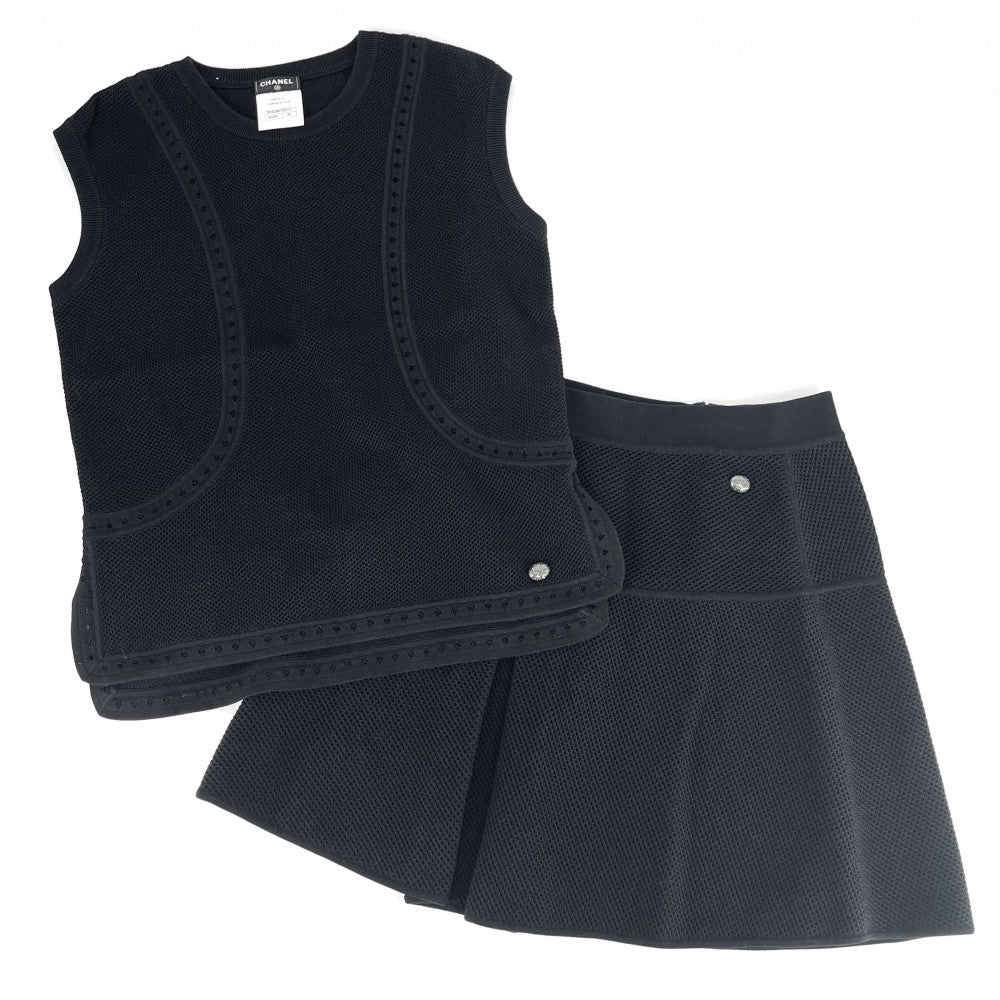 【開店SALE】 CHANEL シャネル セットアップ アパレル 服 タンクトップ ミニスカート メッシュ 40 ブラック 黒 夏 コットン レディース【中古品】