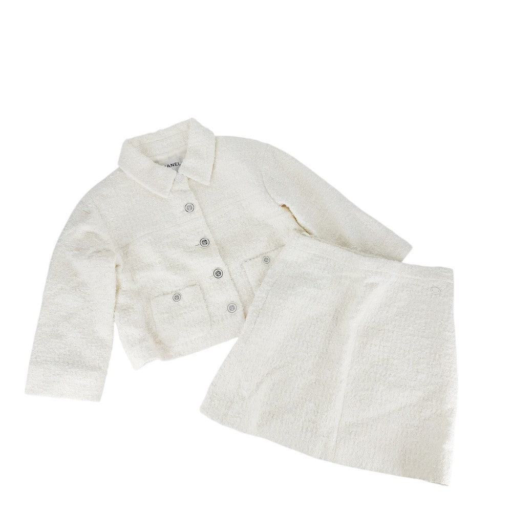 【開店SALE】 CHANEL シャネル セットアップ ツイード ジャケット スカート アパレル 服 40 ホワイト 白 シルバー金具 春 秋 コットン ポリアミド ビスコース ウール レディース【中古品】
