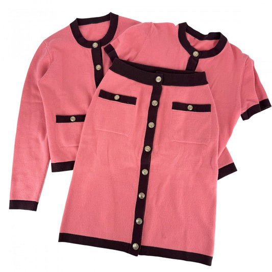 【秋物特集】 CHANEL シャネル セットアップ トップス ジャケット スカート ココボタン ヴィンテージ アパレル 服 38 ピンク バーガンディ ゴールド金具 春 秋 カシミヤ レディース【中古品】