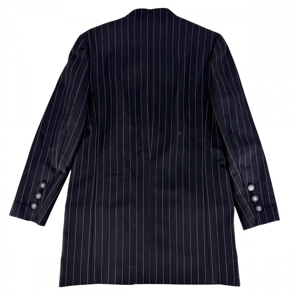 CHANEL シャネル ノーカラージャケット ココマーク ストライプ アウター アパレル 服 96P ヴィンテージ 38 ネイビー 紺 シルバー金具 春 秋 ウール レディース 1996年【中古品】