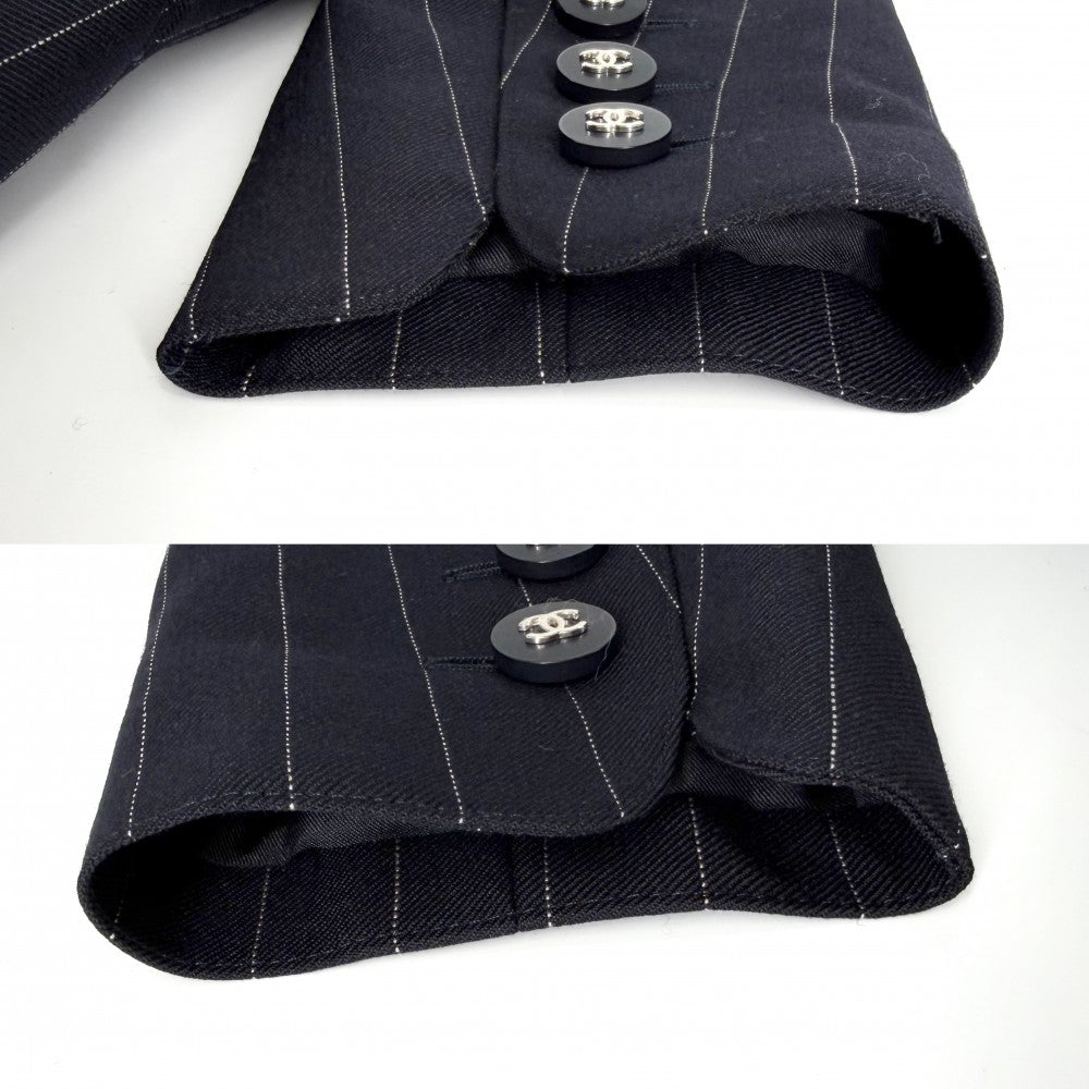 CHANEL シャネル ノーカラージャケット ココマーク ストライプ アウター アパレル 服 96P ヴィンテージ 38 ネイビー 紺 シルバー金具 春 秋 ウール レディース 1996年【中古品】