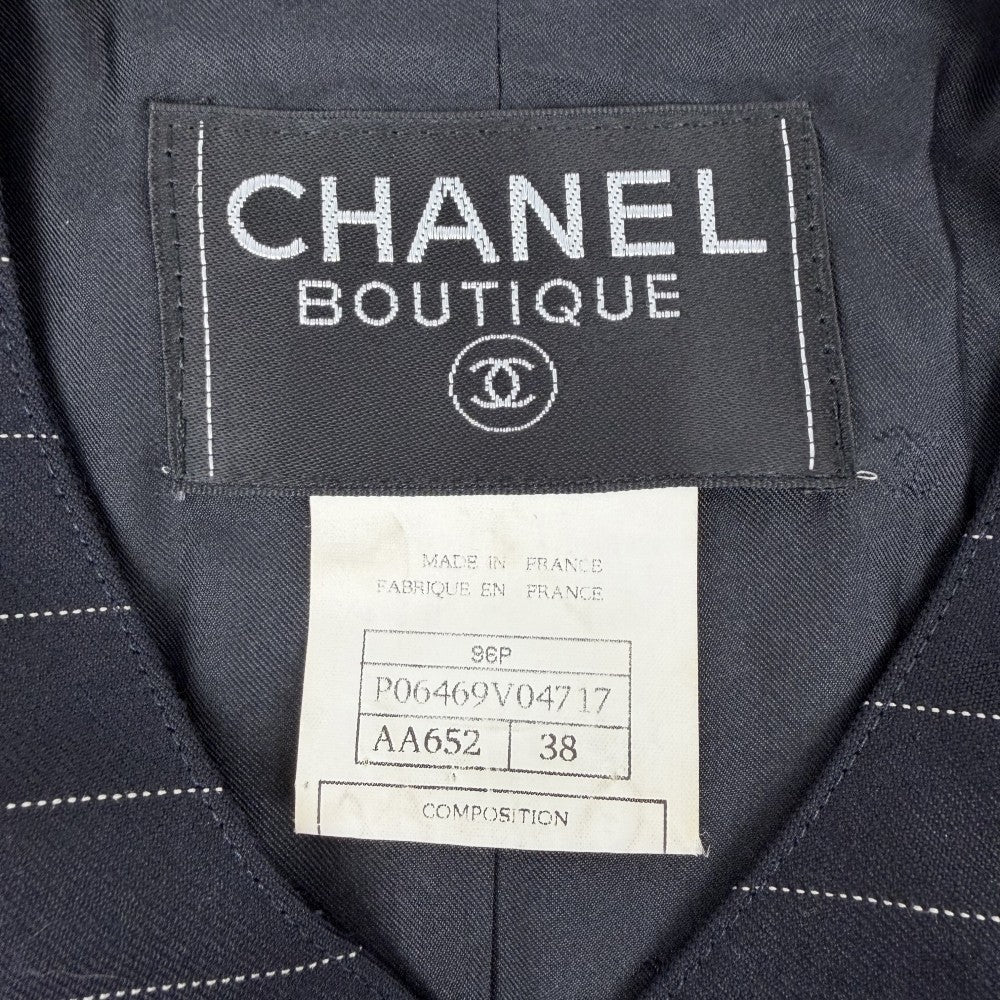 CHANEL シャネル ノーカラージャケット ココマーク ストライプ アウター アパレル 服 96P ヴィンテージ 38 ネイビー 紺 シルバー金具 春 秋 ウール レディース 1996年【中古品】