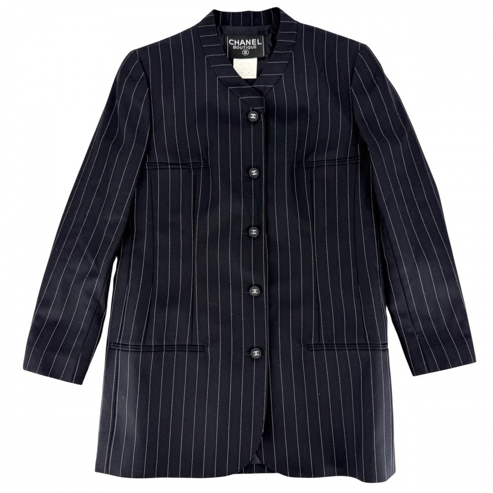 CHANEL シャネル ノーカラージャケット ココマーク ストライプ アウター アパレル 服 96P ヴィンテージ 38 ネイビー 紺 シルバー金具 春 秋 ウール レディース 1996年【中古品】