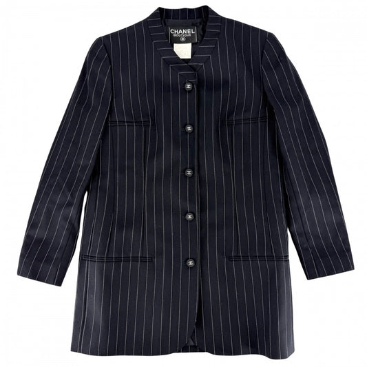 【開店SALE】 CHANEL シャネル ノーカラージャケット ココマーク ストライプ アウター アパレル 服 96P ヴィンテージ 38 ネイビー 紺 シルバー金具 春 秋 ウール レディース 1996年【中古品】