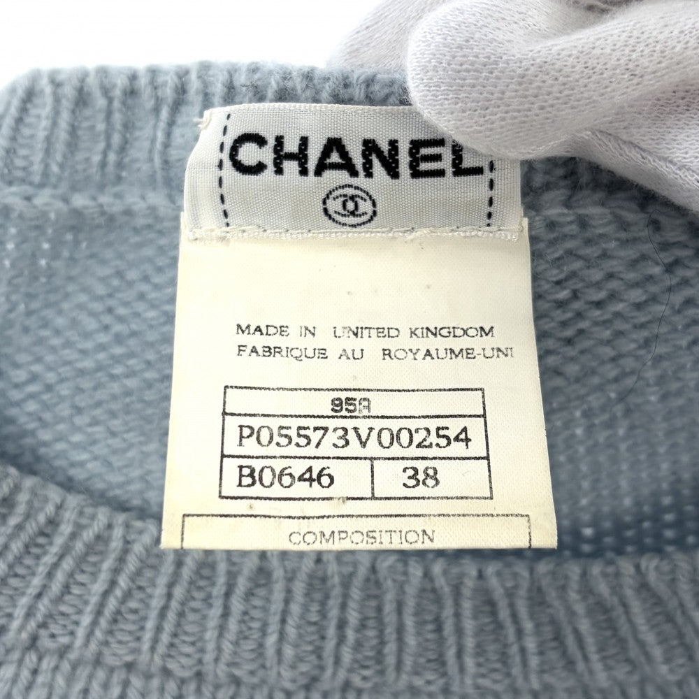 CHANEL シャネル ニット ココマーク パンプス柄 服 アパレル トップス ヴィンテージ 38 ライトブルー ブラック 黒 秋 冬 カシミヤ レディース 1995年【中古品】