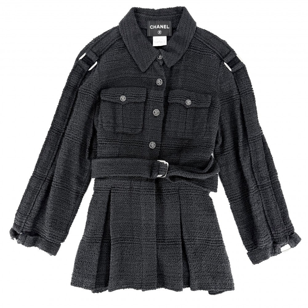 CHANEL シャネル ジャケット ココマーク ベルト付き アパレル 服 トップス 46 ネイビー 紺 ガンメタル金具 春 秋 シルク ナイロン ウール レディース 2008年【中古品】