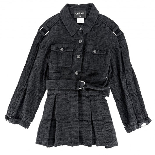 CHANEL シャネル ジャケット ココマーク ベルト付き アパレル 服 トップス 46 ネイビー 紺 ガンメタル金具 春 秋 シルク ナイロン ウール レディース 2008年【中古品】
