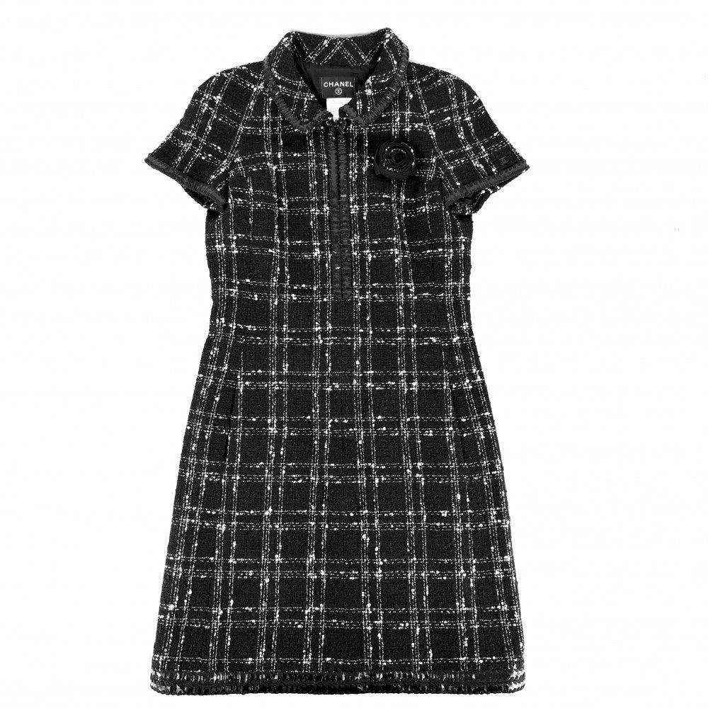 CHANEL シャネル ワンピース ツイード カメリア 半袖 服 アパレル 38 ブラック 黒 ゴールド金具 夏 コットン ポリエステル アクリル レディース【中古品】