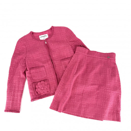 CHANEL シャネル セットアップ ノーカラージャケット スカート ココマーク アパレル 服 ピンク シルバー金具 春 秋 ウール ナイロン モヘア レディース【中古品】