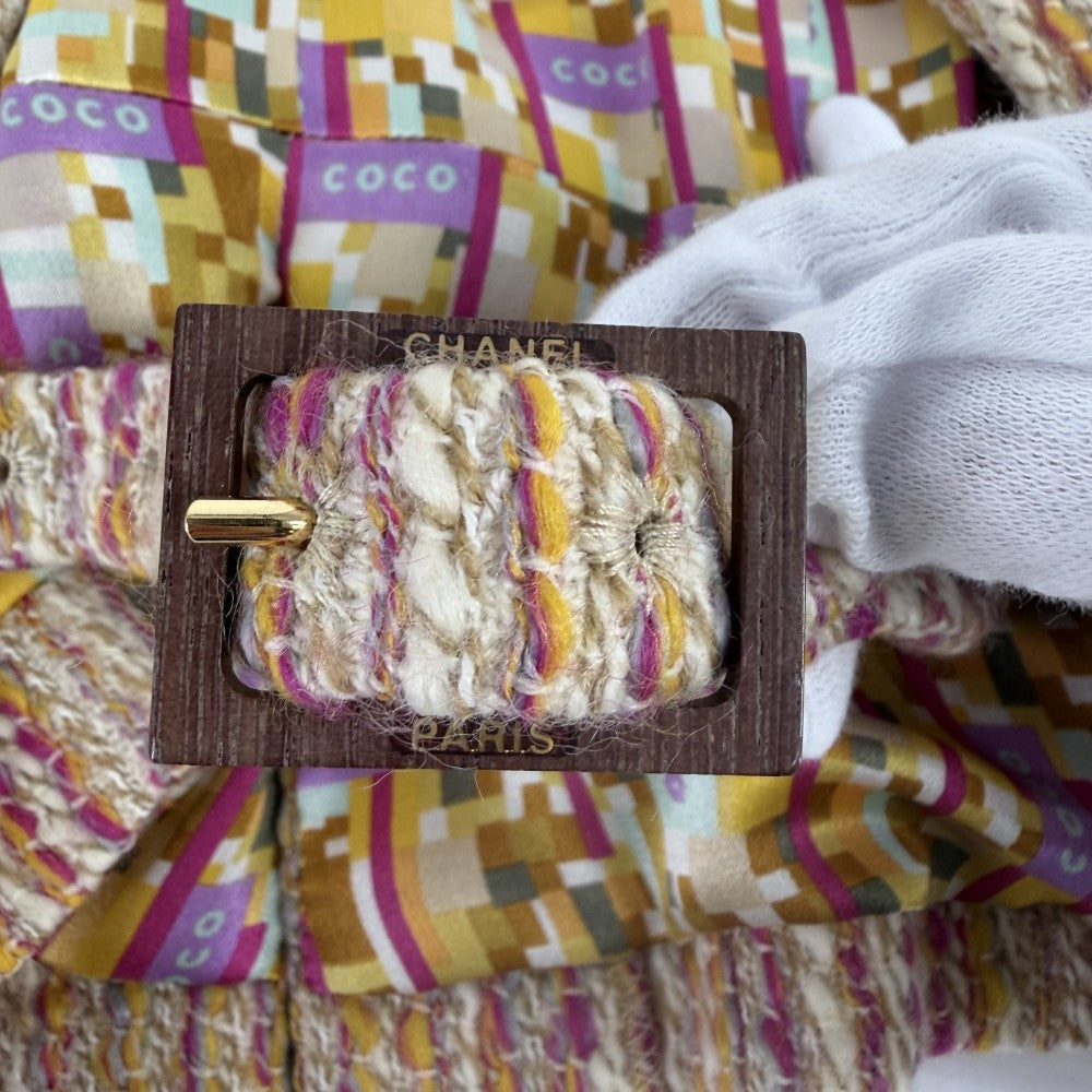 CHANEL シャネル アウター ツイード ベルト付き ジャケット 服 アパレル 38 ベージュ ピンク ゴールド金具 春 秋 ウール ポリエステル ナイロン レディース 2001年【中古品】