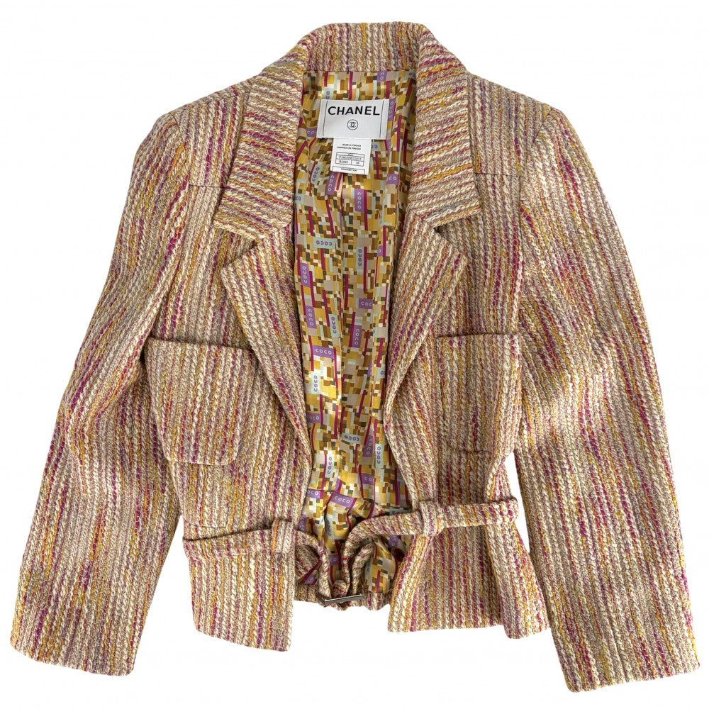 CHANEL シャネル アウター ツイード ベルト付き ジャケット 服 アパレル 38 ベージュ ピンク ゴールド金具 春 秋 ウール ポリエステル ナイロン レディース 2001年【中古品】