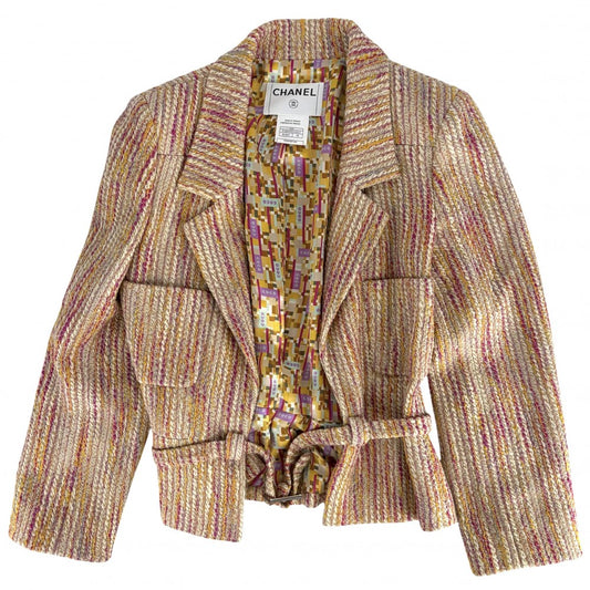【秋物特集】 CHANEL シャネル アウター ツイード ベルト付き ジャケット 服 アパレル 38 ベージュ ピンク ゴールド金具 春 秋 ウール ポリエステル ナイロン レディース 2001年【中古品】
