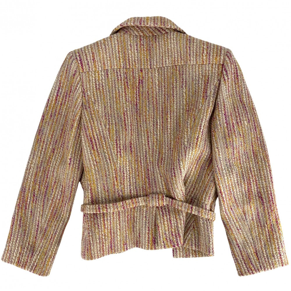 CHANEL シャネル アウター ツイード ベルト付き ジャケット 服 アパレル 38 ベージュ ピンク ゴールド金具 春 秋 ウール ポリエステル ナイロン レディース 2001年【中古品】