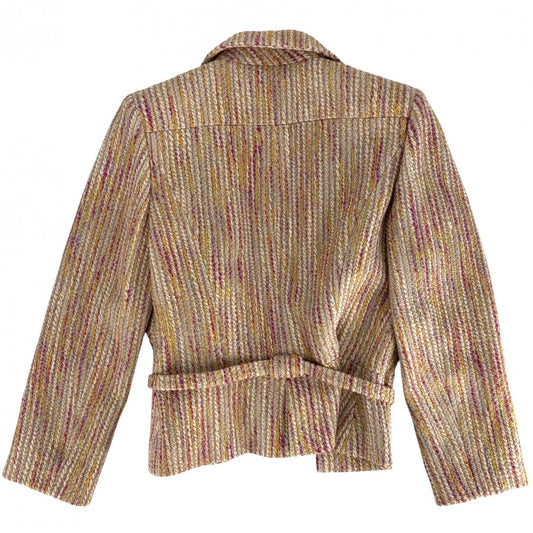 CHANEL シャネル アウター ツイード ベルト付き ジャケット 服 アパレル 38 ベージュ ピンク ゴールド金具 春 秋 ウール ポリエステル ナイロン レディース 2001年【中古品】