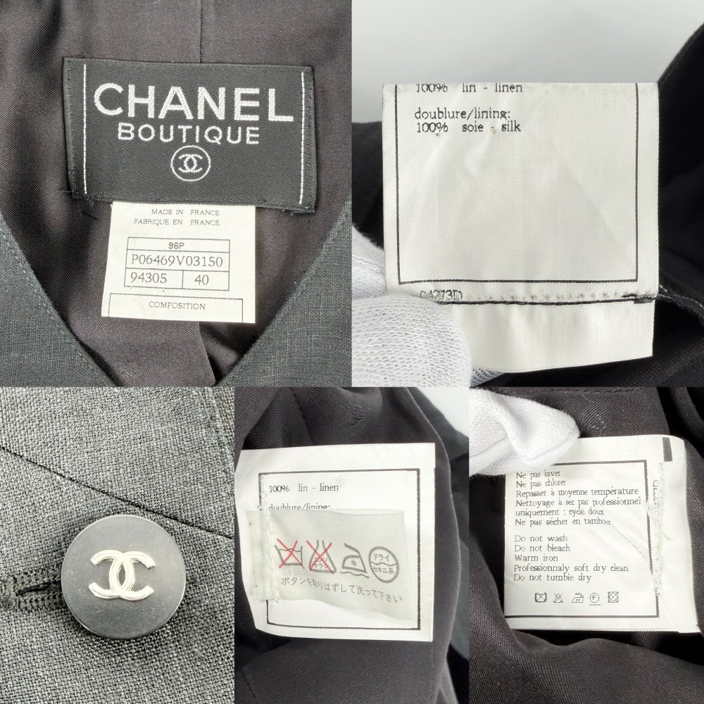 CHANEL シャネル ノーカラージャケット ココボタン 服 アパレル 40 ブラック 黒 春 秋 リネン シルク レディース【中古品】