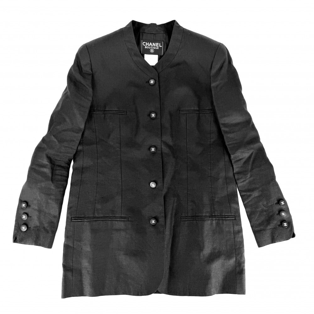 CHANEL シャネル ノーカラージャケット ココボタン 服 アパレル 40 ブラック 黒 春 秋 リネン シルク レディース【中古品】