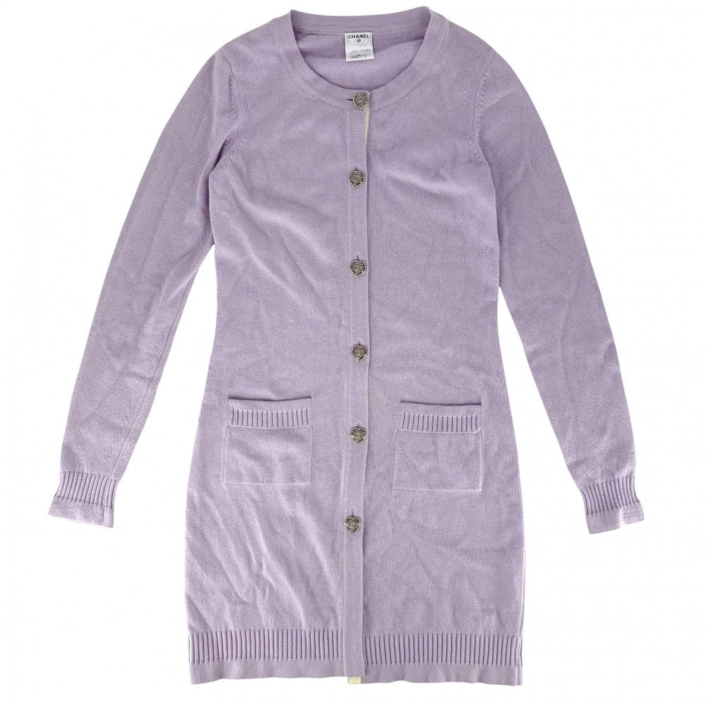 CHANEL シャネル カーディガン バイカラー ココボタン ロングカーディガン トップス 服 アパレル 38 パープル 紫
 イエロー 秋 冬 カシミヤ レディース【中古品】