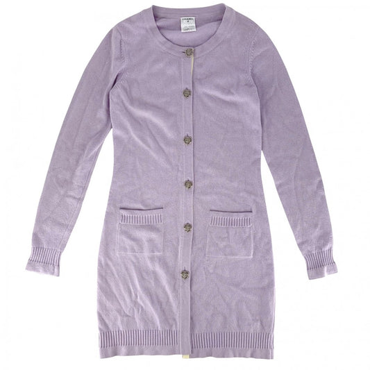 CHANEL シャネル カーディガン バイカラー ココボタン ロングカーディガン トップス 服 アパレル 38 パープル 紫
 イエロー 秋 冬 カシミヤ レディース【中古品】