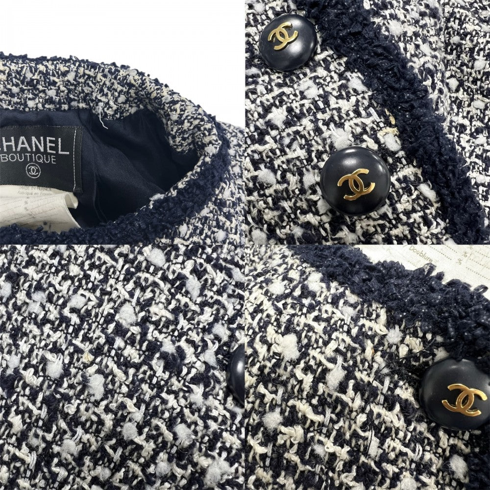 CHANEL シャネル ノーカラージャケット ヴィンテージ ツイード アウター アパレル 服 ココマーク 36 ネイビー 紺 ホワイト 白 ウール レーヨン ナイロン ポリエステル レディース【中古品】