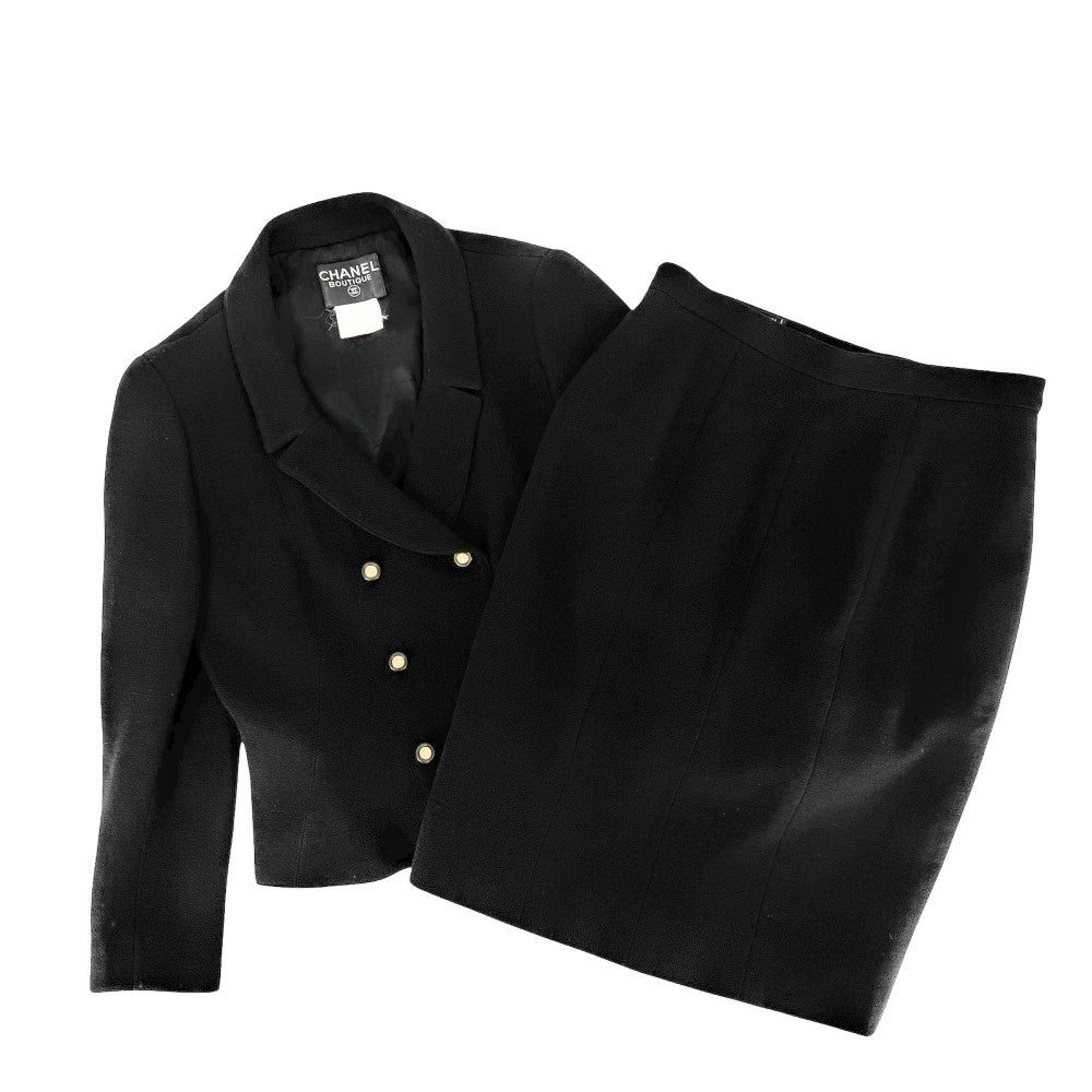 CHANEL シャネル セットアップ ジャケット スカート ヴィンテージ アパレル 服 ココマーク 42 ブラック 黒 シルバー金具 秋 冬 ウール レディース【中古品】