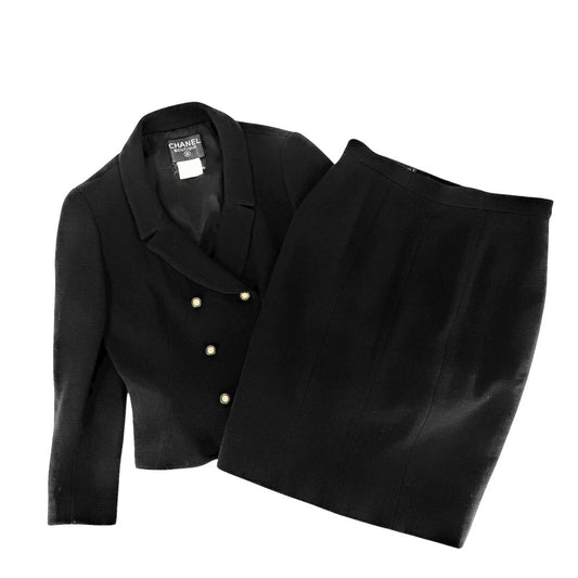 CHANEL シャネル セットアップ ジャケット スカート ヴィンテージ アパレル 服 ココマーク 42 ブラック 黒 シルバー金具 秋 冬 ウール レディース【中古品】