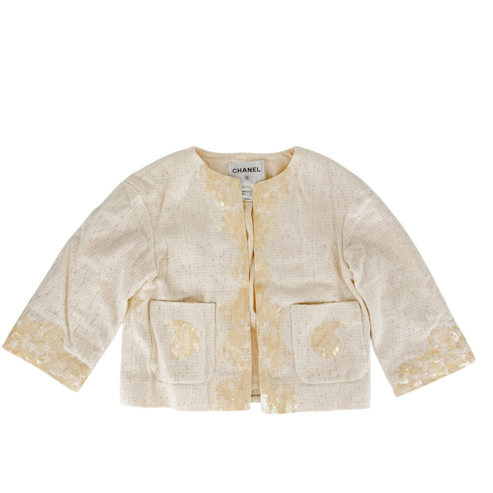 CHANEL シャネル ノーカラージャケット 貝殻 ジャケット アパレル 服 前ホック 38 アイボリー コットン ビニール レーヨン アクリル レディース【中古品】