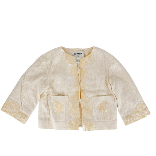 CHANEL シャネル ノーカラージャケット 貝殻 ジャケット アパレル 服 前ホック 38 アイボリー コットン ビニール レーヨン アクリル レディース【中古品】