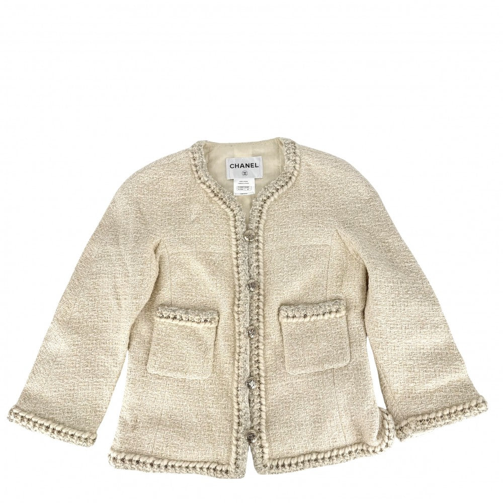 【開店SALE】 CHANEL シャネル アウター ロゴボタン ノーカラージャケット アパレル 服 ココマーク 42 アイボリー ゴールド金具 ウール レディース【中古品】