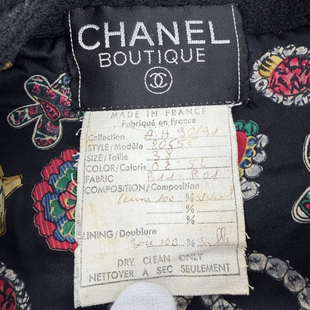 CHANEL シャネル セットアップ ココマーク チェーン ノーカラージャケット スカート ヴィンテージ アパレル 服 38 ブラック 黒 ゴールド金具 秋 冬 ウール レディース【中古品】