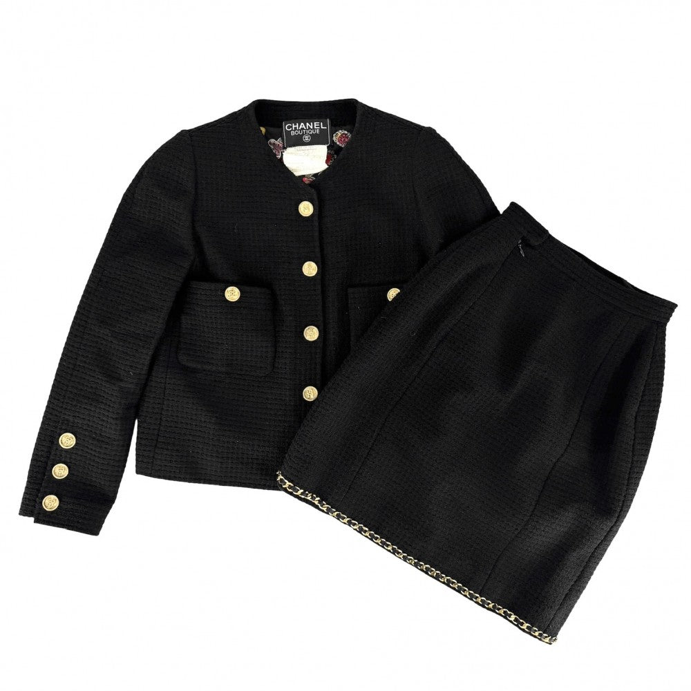 CHANEL シャネル セットアップ ココマーク チェーン ノーカラージャケット スカート ヴィンテージ アパレル 服 38 ブラック 黒 ゴールド金具 秋 冬 ウール レディース【中古品】