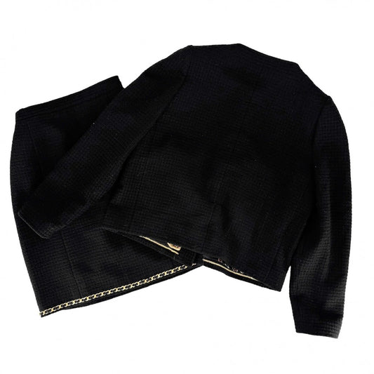 CHANEL シャネル セットアップ ココマーク チェーン ノーカラージャケット スカート ヴィンテージ アパレル 服 38 ブラック 黒 ゴールド金具 秋 冬 ウール レディース【中古品】