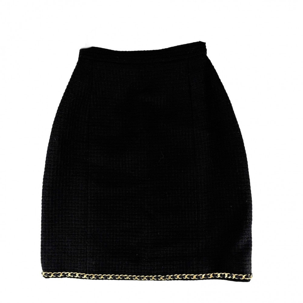 CHANEL シャネル セットアップ ココマーク チェーン ノーカラージャケット スカート ヴィンテージ アパレル 服 38 ブラック 黒 ゴールド金具 秋 冬 ウール レディース【中古品】