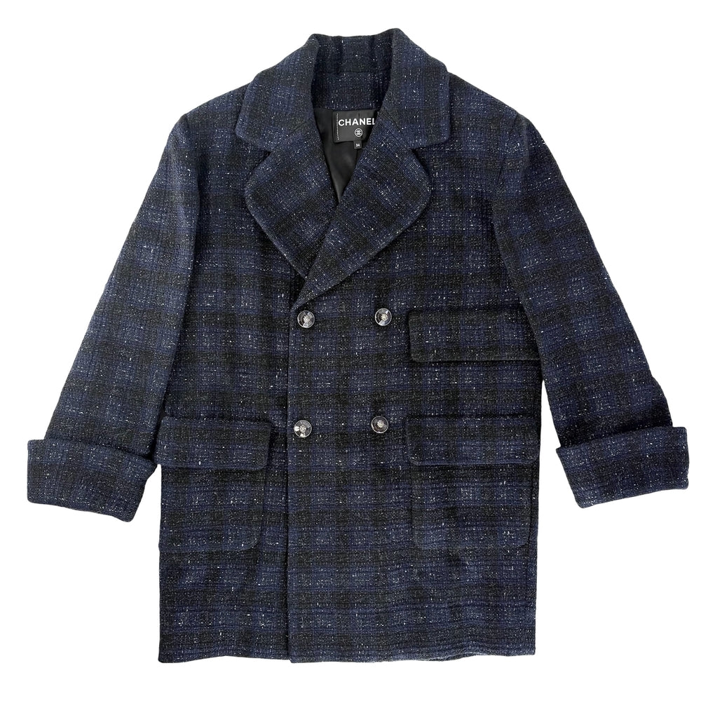 【秋物特集】 CHANEL シャネル コート ダブルブレスト ツイード ビジューライオンボタン 24AW アパレル 服 34 P77689V47754 ネイビー 紺 秋 冬 ウール アクリル ポリアミド ポリエステル レーヨン レディース【中古品】