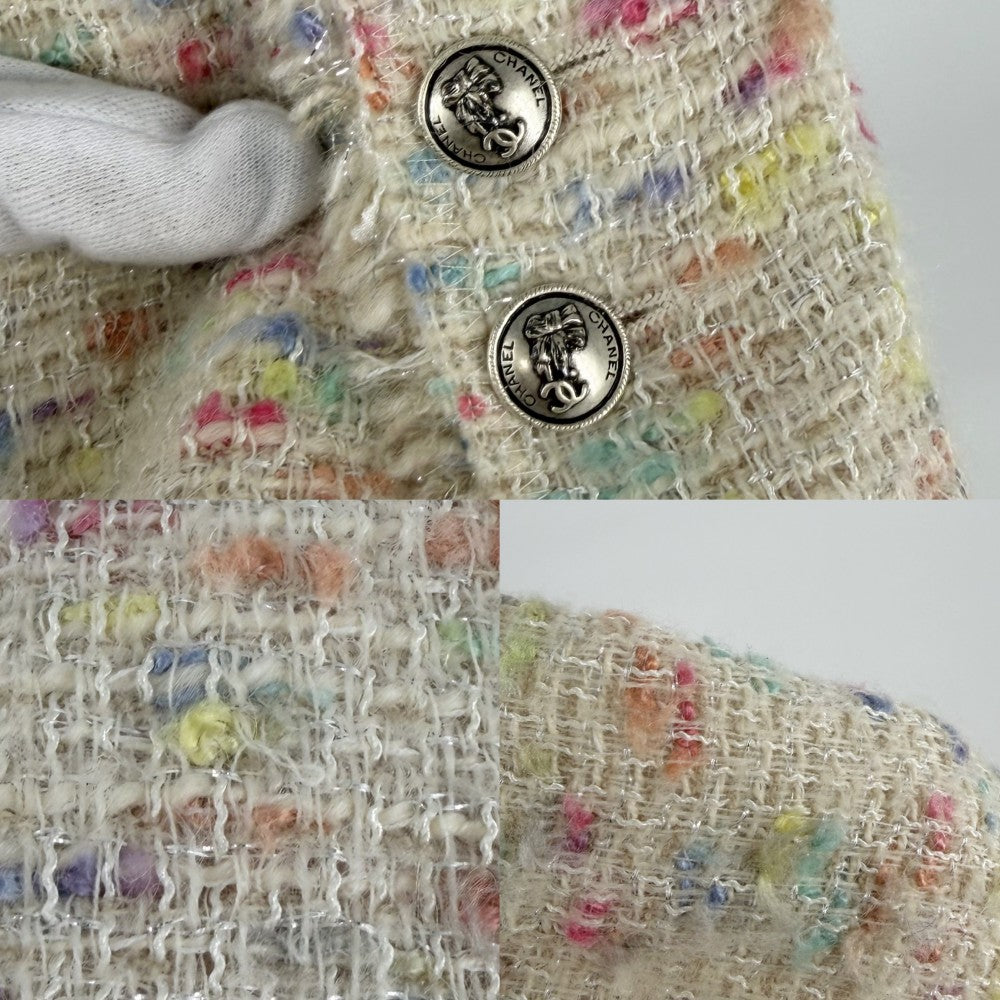 CHANEL シャネル アウター リボンボタン ツイード ジャケット アパレル 服 38 アイボリー マルチカラー ゴールド金具 レディース【中古品】