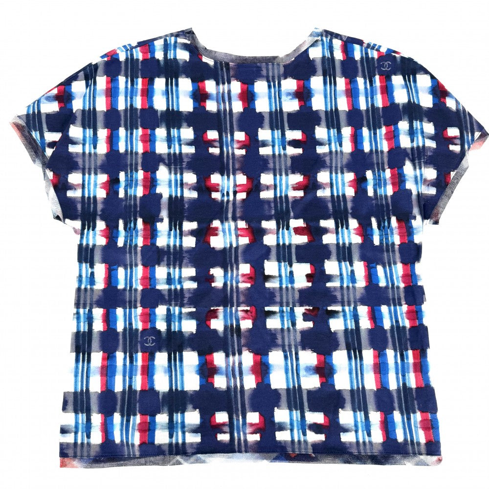 CHANEL シャネル 半袖シャツ チェック トップス レース ココマーク 服 アパレル 34 ブルー 青 ホワイト 白 夏 コットン レディース【中古品】