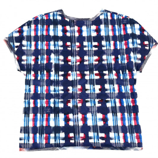 CHANEL シャネル 半袖シャツ チェック トップス レース ココマーク 服 アパレル 34 ブルー 青 ホワイト 白 夏 コットン レディース【中古品】
