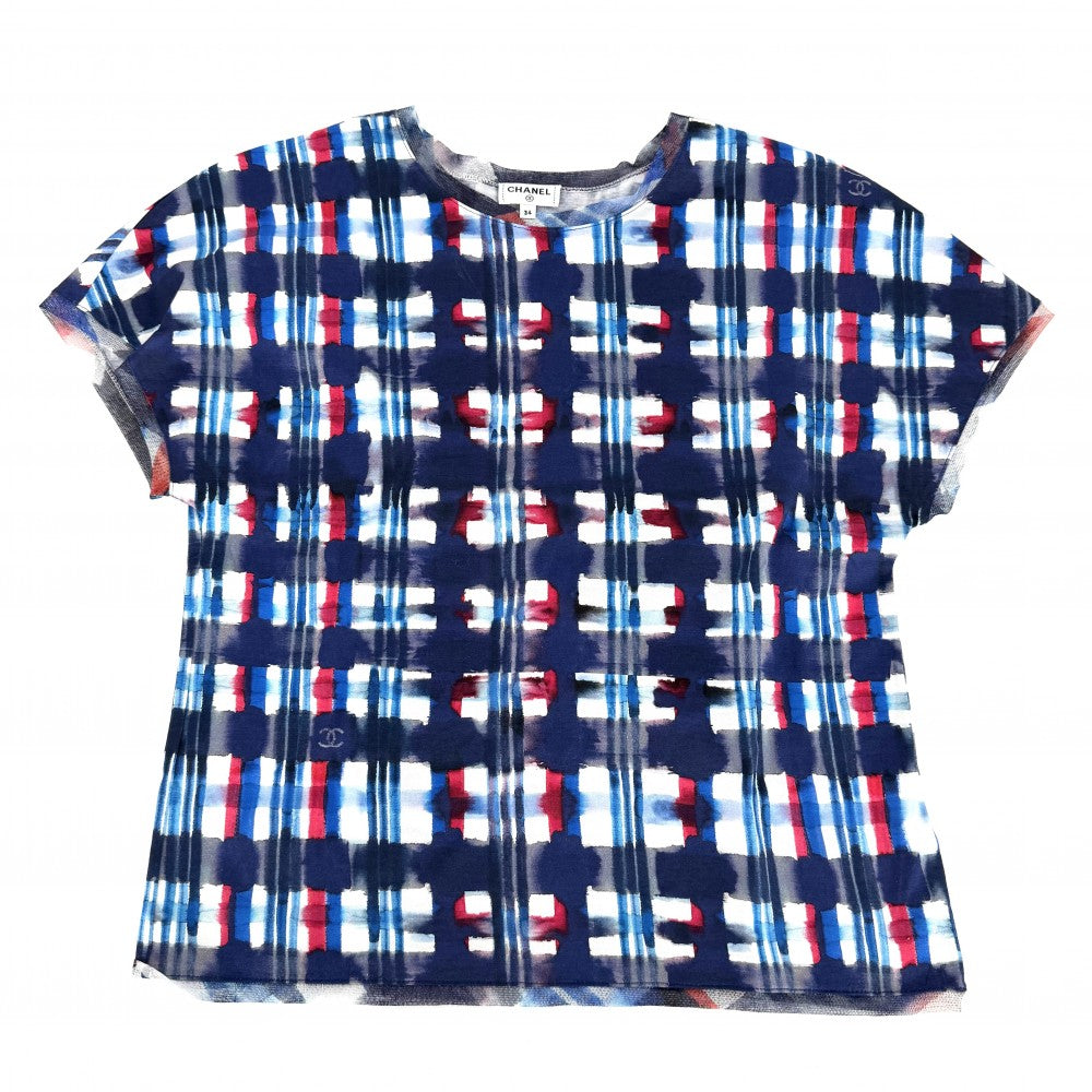 CHANEL シャネル 半袖シャツ チェック トップス レース ココマーク 服 アパレル 34 ブルー 青 ホワイト 白 夏 コットン レディース【中古品】