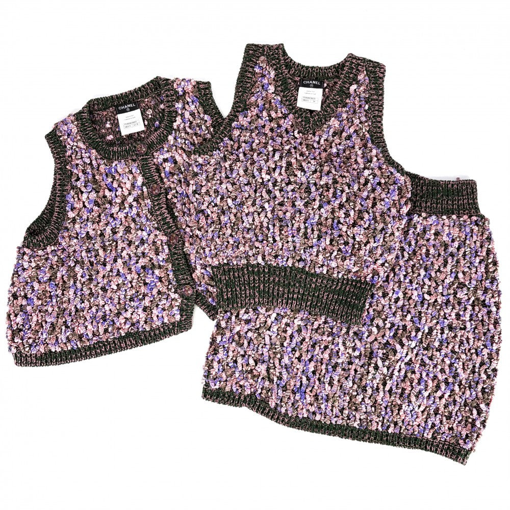 CHANEL シャネル セットアップ ベスト トップス ジャケット スカート 34/36 アパレル 服 ニット ピンク グリーン 緑 春 秋 コットン シルク その他 レディース【中古品】