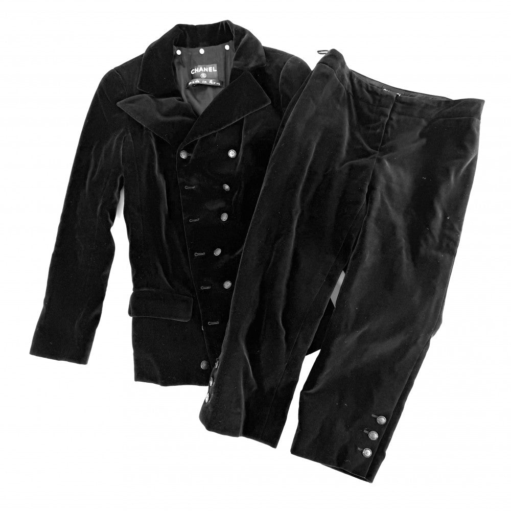 CHANEL シャネル セットアップ ベロア ジャケット パンツ ヴィンテージ アパレル 服 ココマーク 38 ブラック 黒 ブラック金具 秋 冬 コットン レディース【中古品】