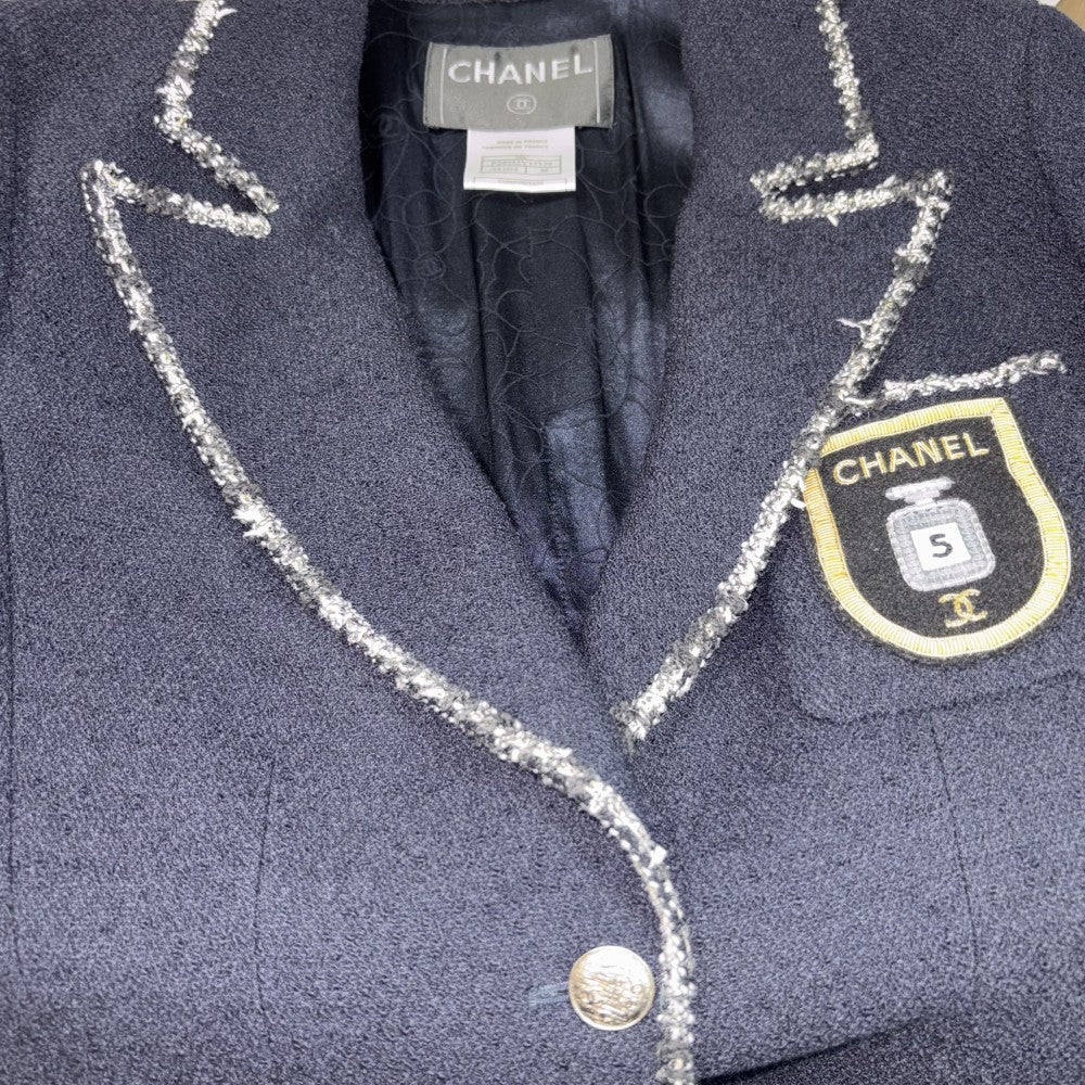 CHANEL シャネル テーラードジャケット アウター ココマーク エンブレム アパレル 服 38 ネイビー 紺 春 秋 ウール コットン ナイロン レディース 2005年【中古品】