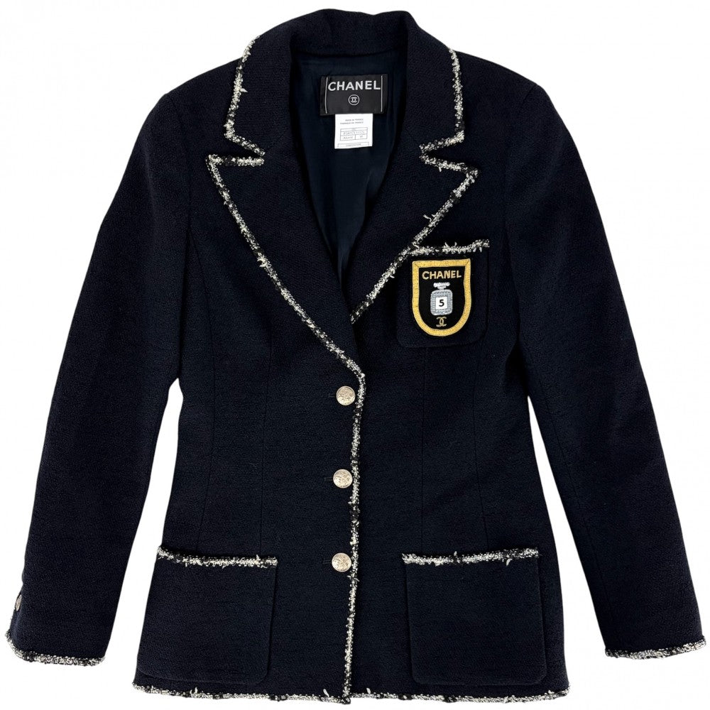 CHANEL シャネル テーラードジャケット アウター ココマーク エンブレム アパレル 服 38 ネイビー 紺 春 秋 ウール コットン ナイロン レディース 2005年【中古品】