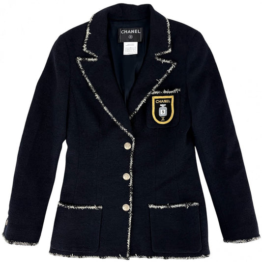 CHANEL シャネル テーラードジャケット アウター ココマーク エンブレム アパレル 服 38 ネイビー 紺 春 秋 ウール コットン ナイロン レディース 2005年【中古品】