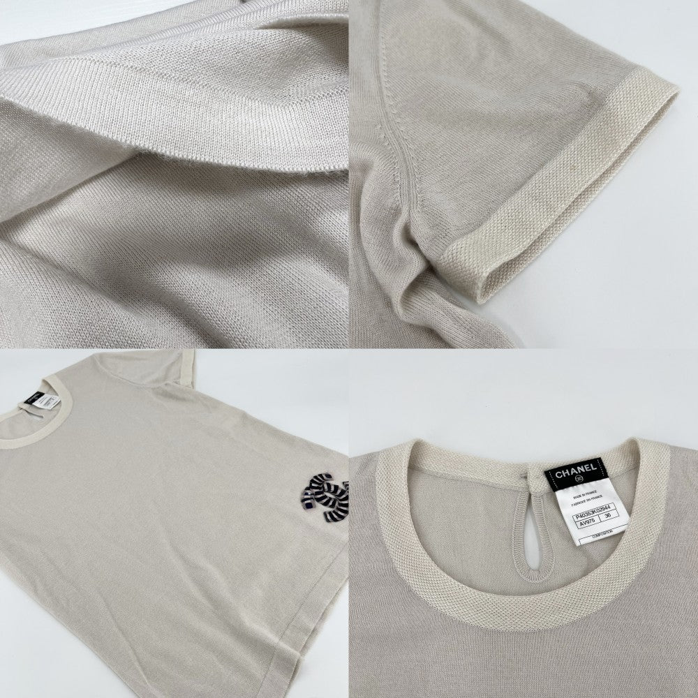 CHANEL シャネル トップス ココマーク 半袖ニット アパレル 服 36 ベージュ 夏 カシミヤ シルク レディース【中古品】