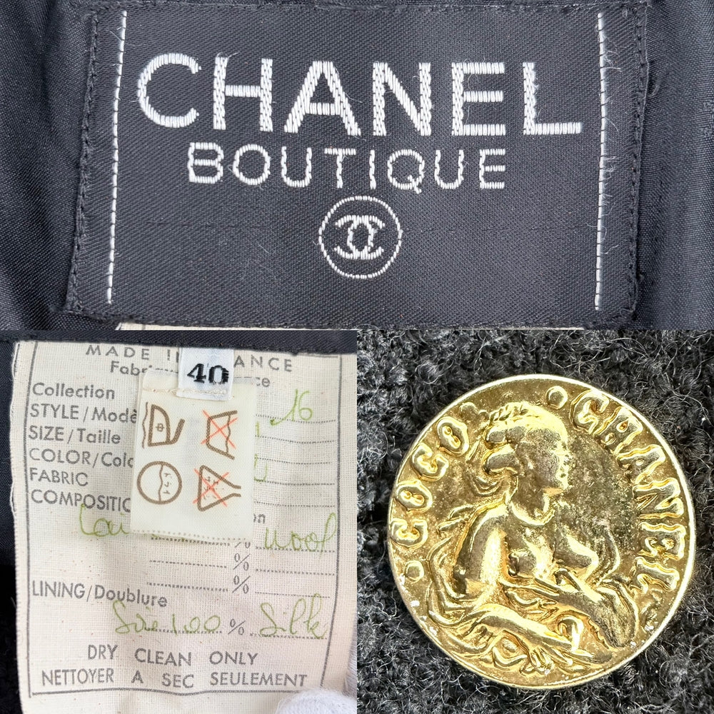 CHANEL シャネル セットアップ マドモアゼルボタン ジャケット スカート ヴィンテージ アパレル 服 40 ブラック 黒 ゴールド金具 秋 冬 ウール レディース【中古品】