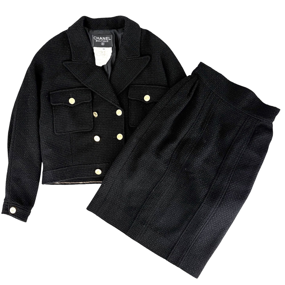 CHANEL シャネル セットアップ マドモアゼルボタン ジャケット スカート ヴィンテージ アパレル 服 40 ブラック 黒 ゴールド金具 秋 冬 ウール レディース【中古品】